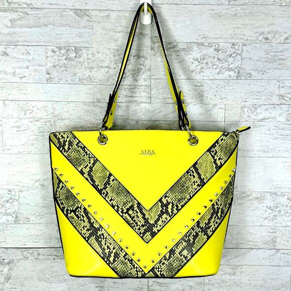 Vera New York Elisa yellow snakeskin studded shoulder tote - Picture 1 of 9